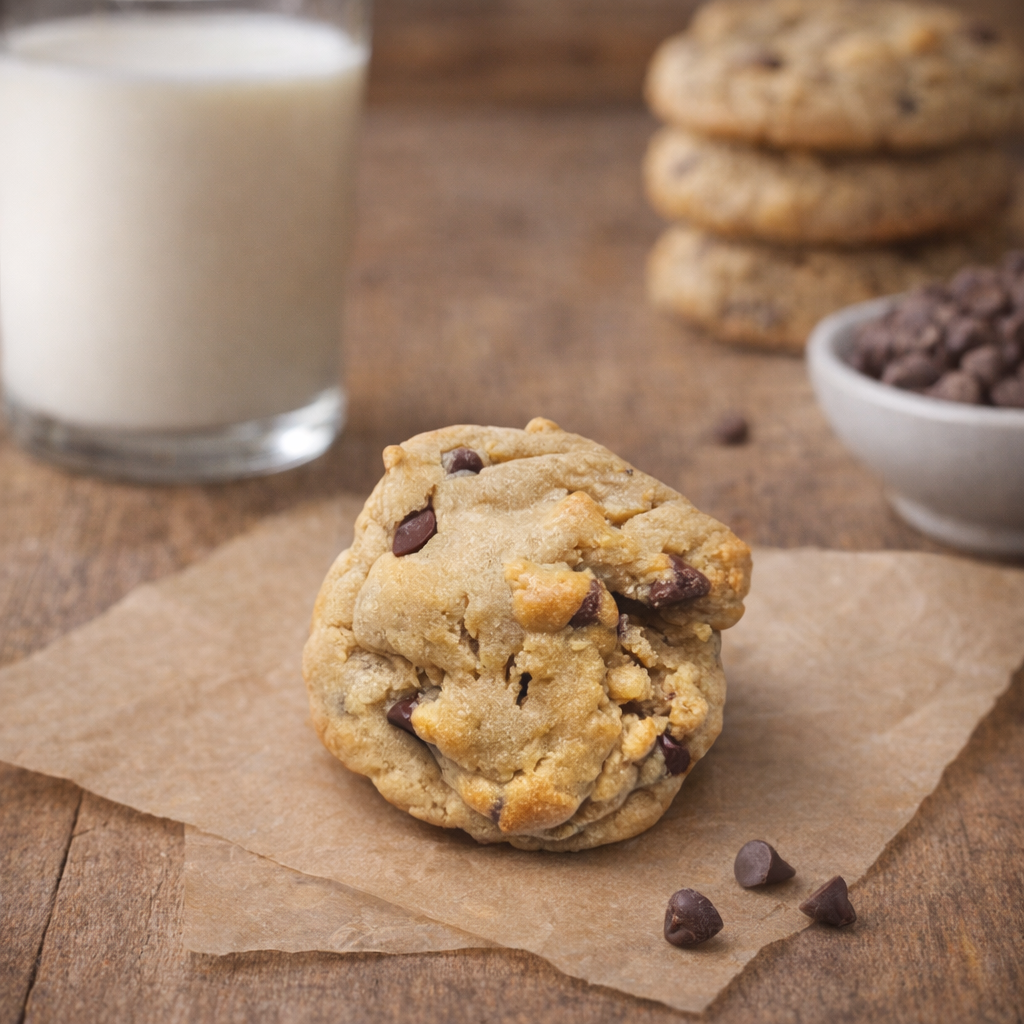 Fresh-baked chocolate chip cookie with milk